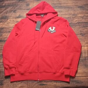 True Religion NWT Embroidered Patch Long Sleeve Zip Hoodie Men's XL Red